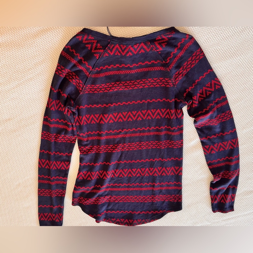 LUCKY BRAND Woven Navy & Red Fair Isle Knit Top Lightweight Thermal Tee - Picture 10 of 15